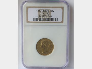 1867 Australia Queen Victoria Sydney Mint Gold Sovereign. NGC graded AU50