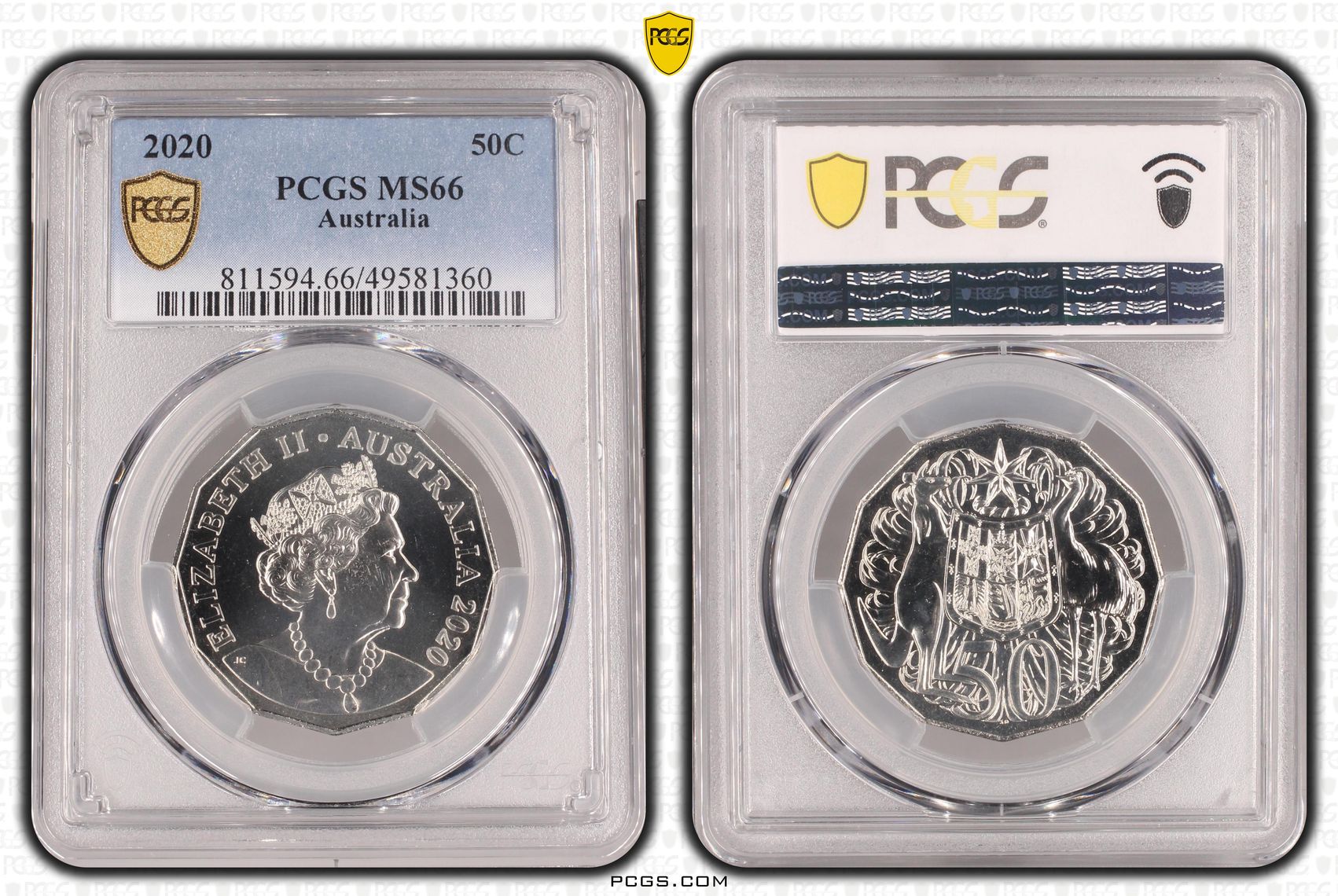 202 · Elizabeth II, 6th Portrait , Fifty Cent, 2020, PCGS MS66