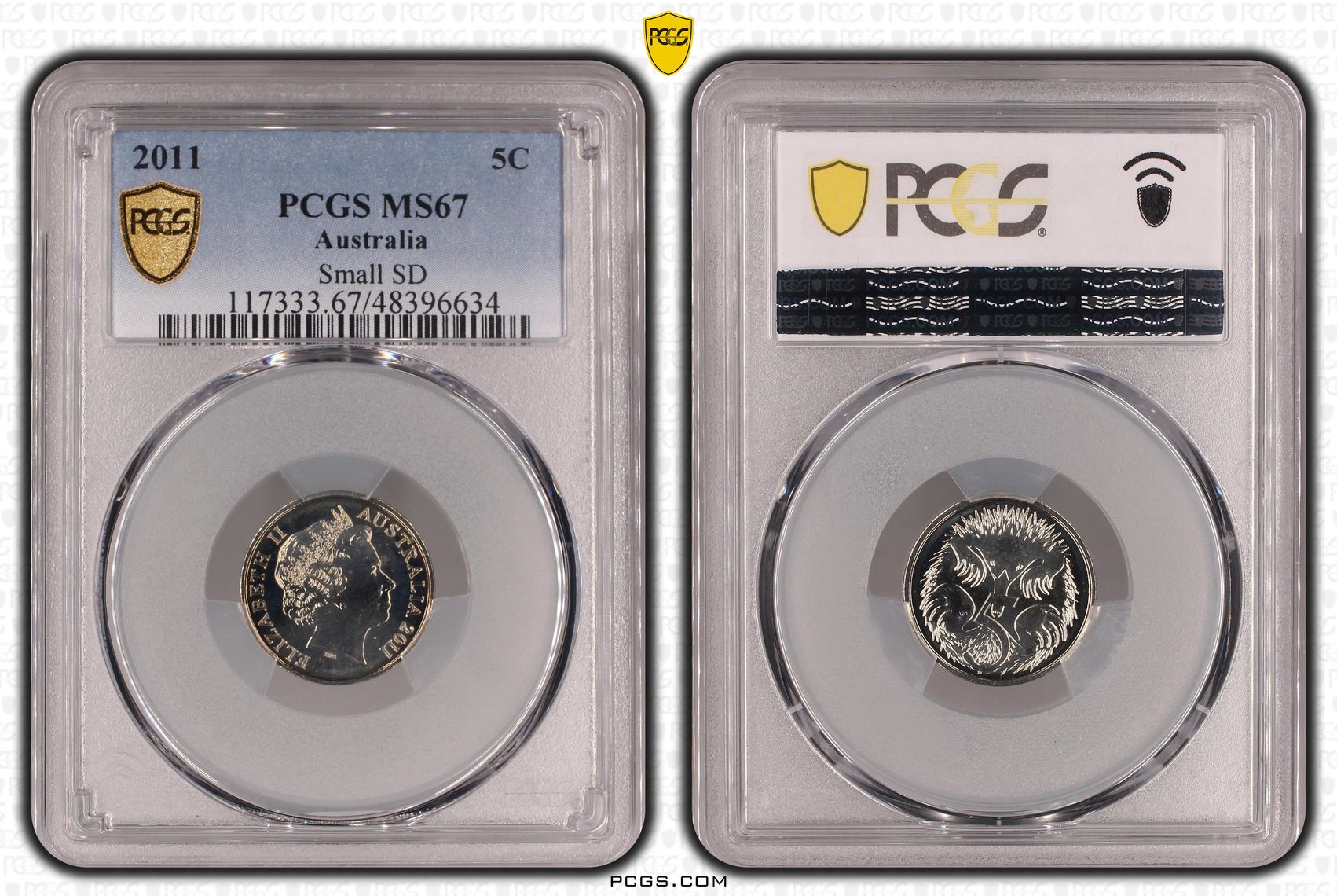 Elizabeth II, Small SD, Five Cent, 2011, PCGS MS67
