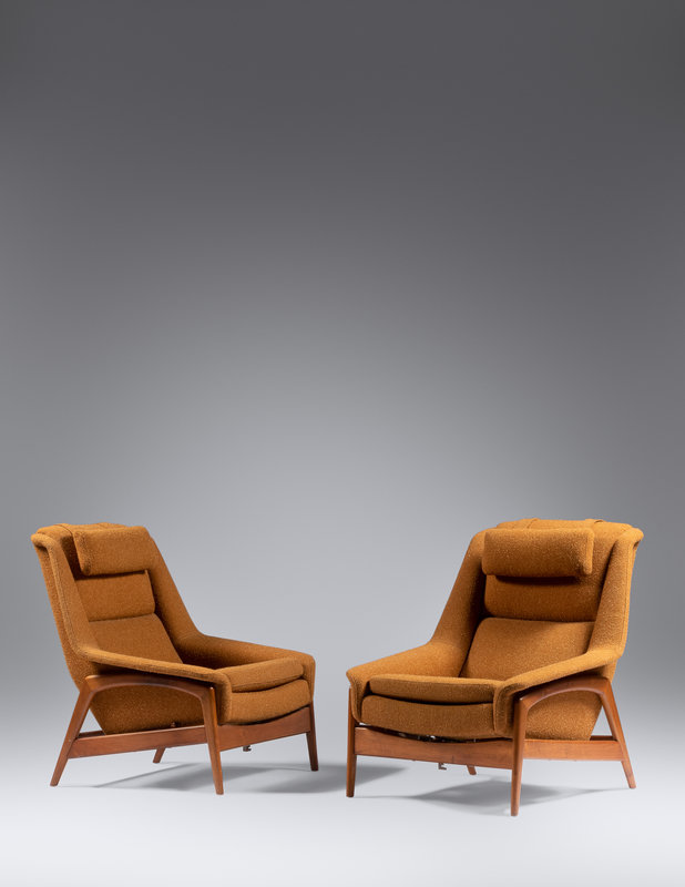 Folke Ohlsson
(Swedish, 1919-2003)
Pair of Lounge Chairs with OttomanDux, Sweden