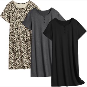 EKOUAER 3 PACK SLEEP SHIRTS FOR WOMEN SLEEPWEAR SHORT SLEEVE NIGHTGOWNS TEE PLAIN/PRINT NIGHTSHIRT BUTTON SLEEP DRESS