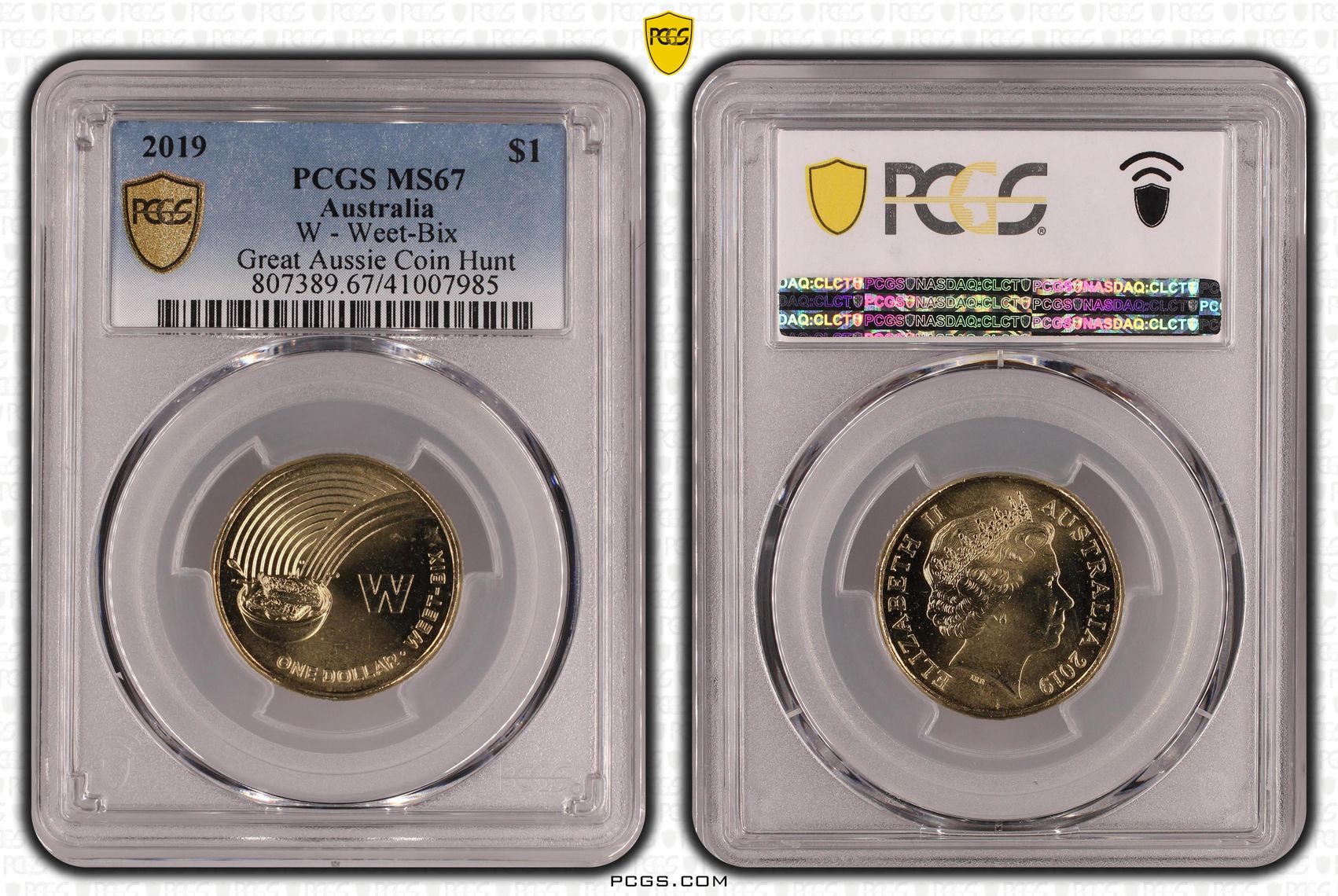 434 · 2019 Australia One Dollar, $1 W - Weet-Bix Great Aussie Coin Hunt PCGS - MS67 -985