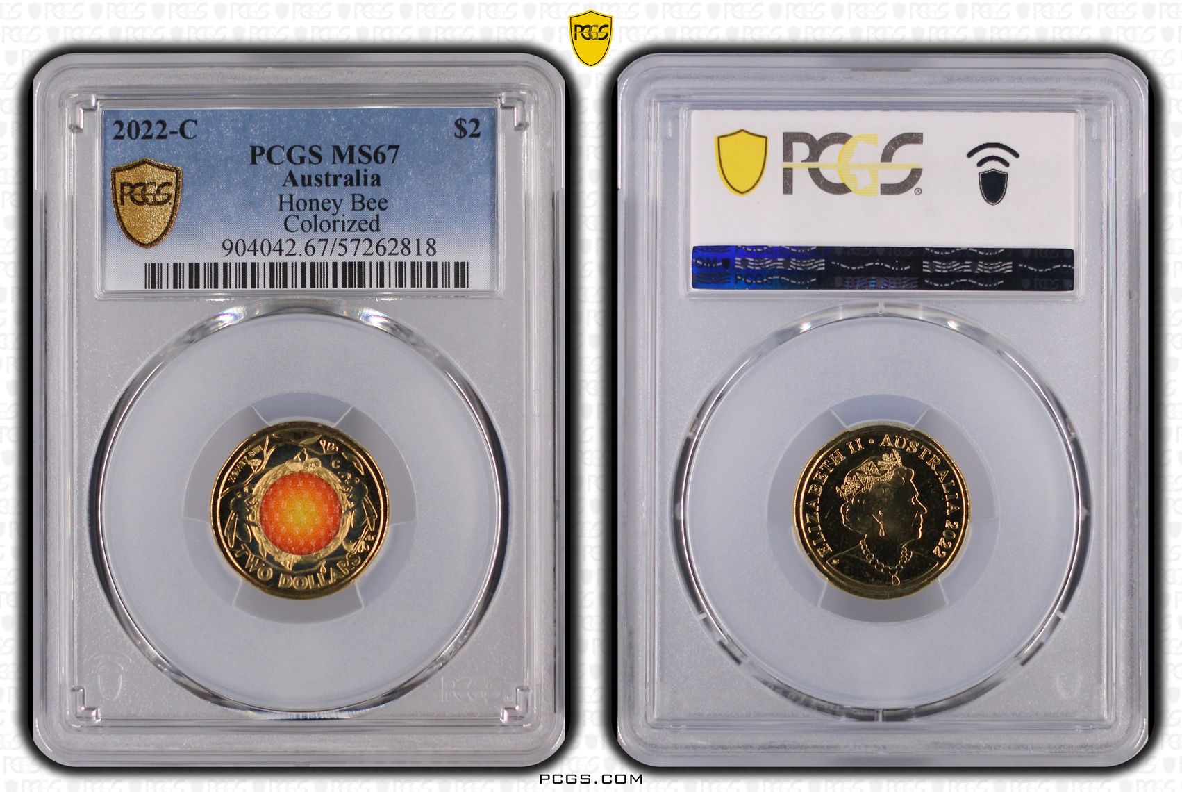 Honey Bee Colourised, Two Dollar, 2022-C, PCGS MS67