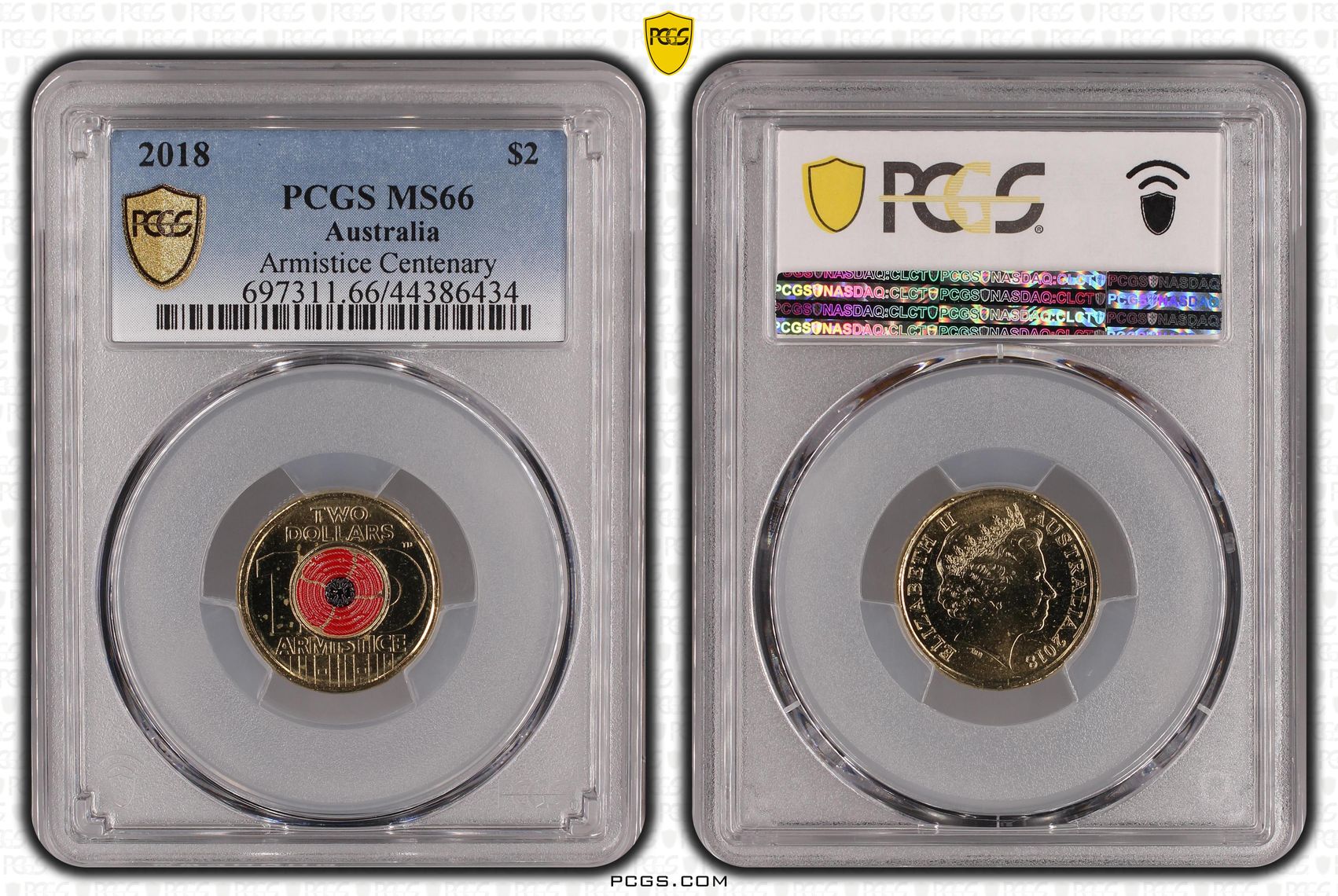 Armistice Centenary Colourised, Two Dollar, 2018, PCGS MS66