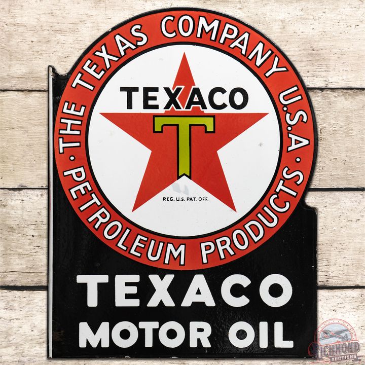 Texaco Black T Motor Oil Die Cut Porcelain Flange Sign - 9 & 8.9