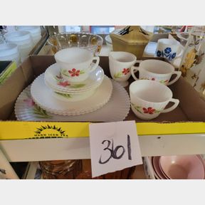 Vintage floral moonstone creamer sugar cups and plates