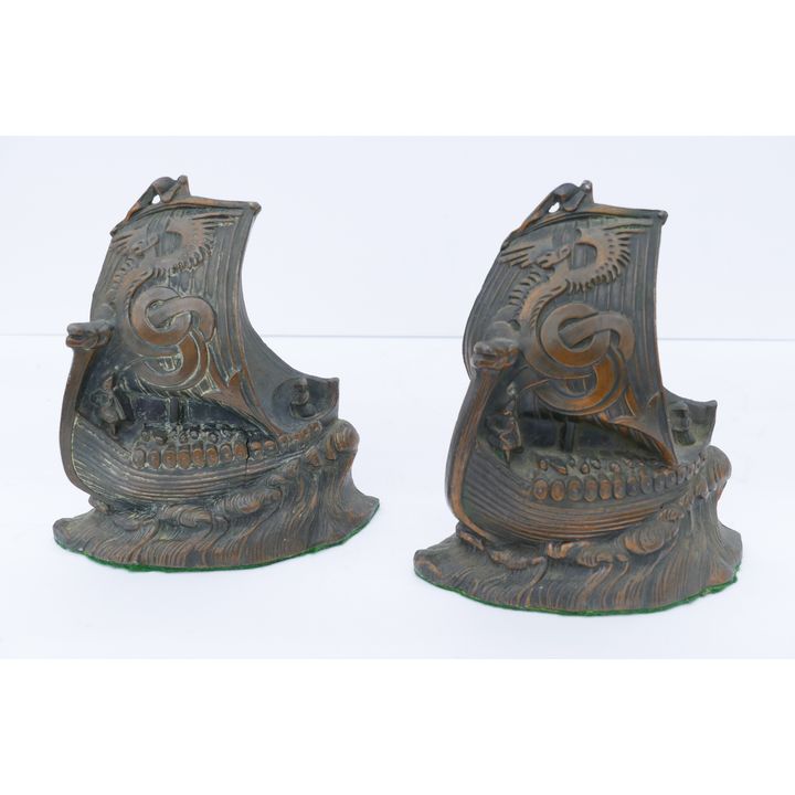 Pair Vintage Viking Ship Metal Bookends- 6''