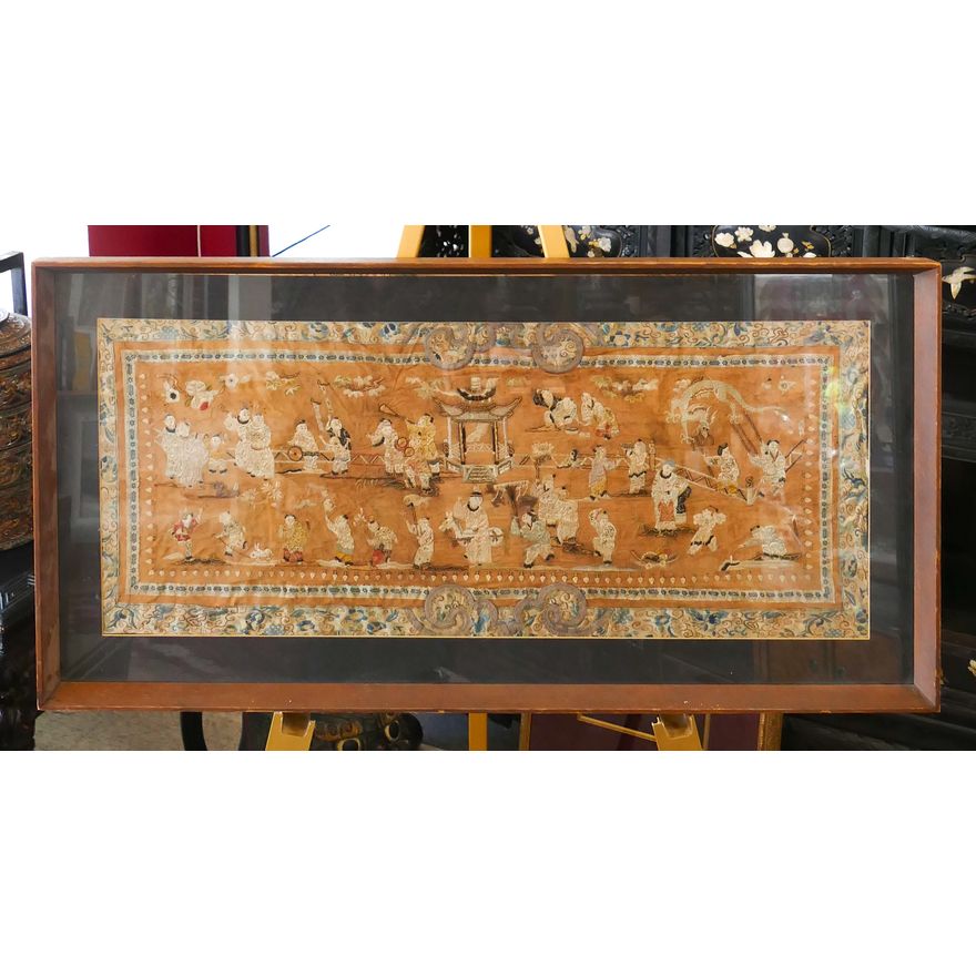 Antique Chinese Silk Embroidered Children Panel Framed- 21x42''