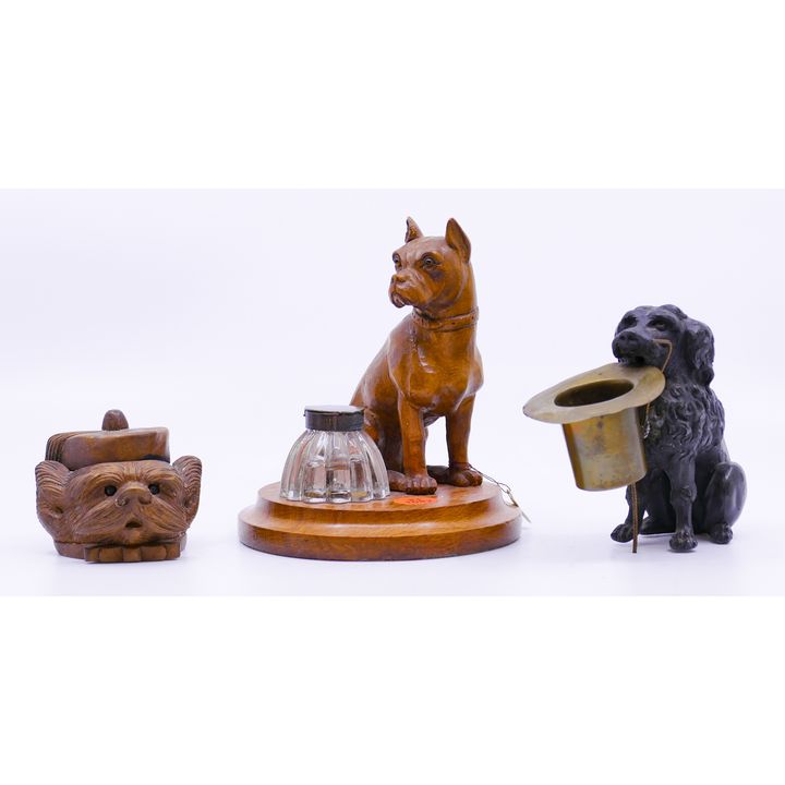 3pc Antique Figural Dog Inkwells and Matchholder Largest 5''