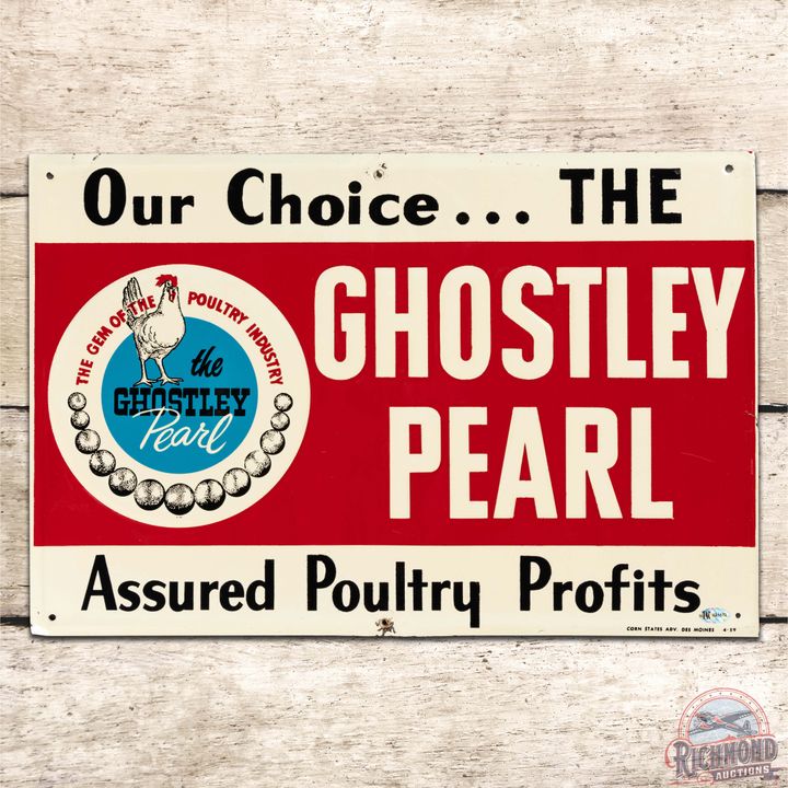 1959 Ghostley Pearl Assured Poultry Profits Emb. Single Sided Tin Sign w/ Logo