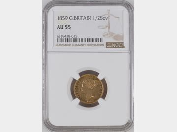 1859 VICTORIA YOUNG HEAD GOLD HALF SOVEREIGN AU55