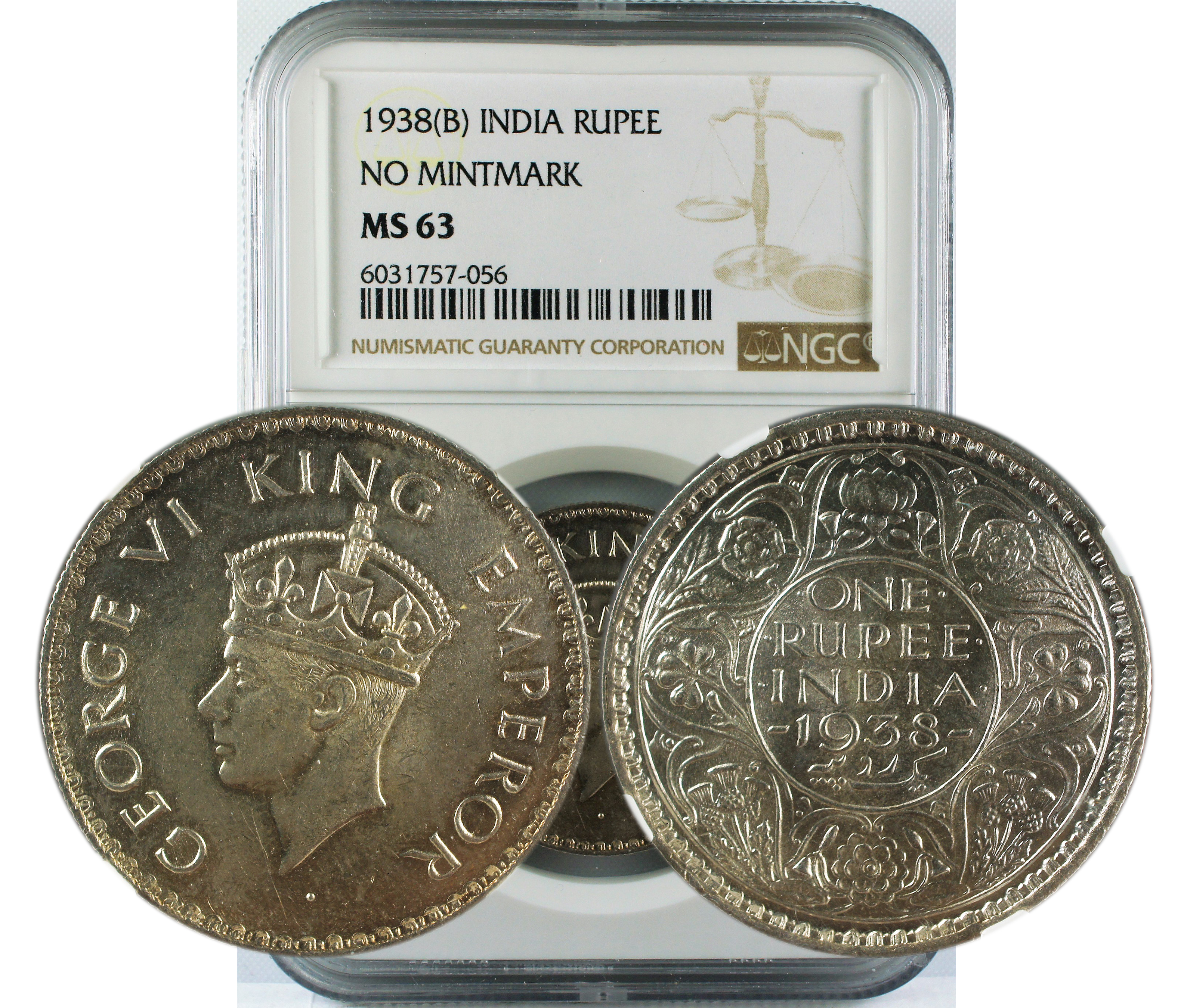 1938 B INDIA RUPEE NO MINTMARK MS63