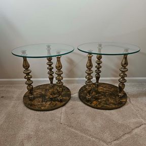 Pair of Hollywood Regency Glass Top End Tables