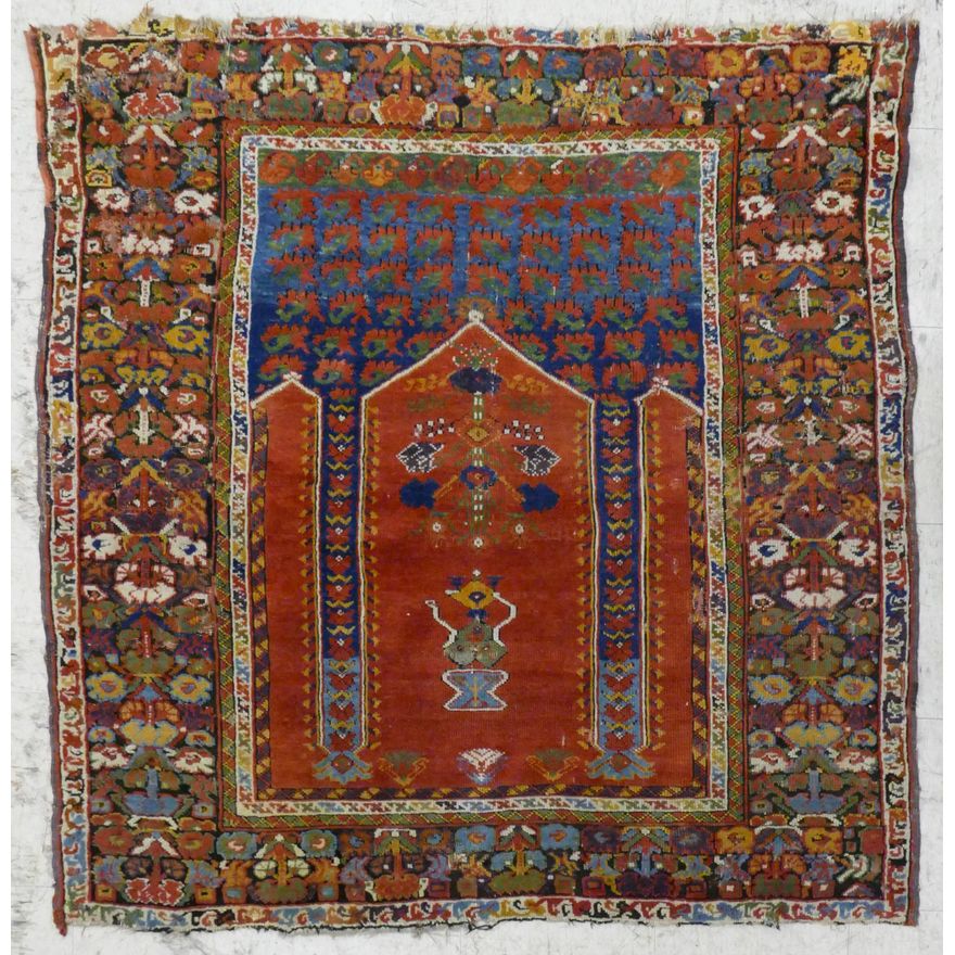 Antique Persian Prayer Oriental Rug 4'6''x4'6'' Approx. - Heavy wear and repairs