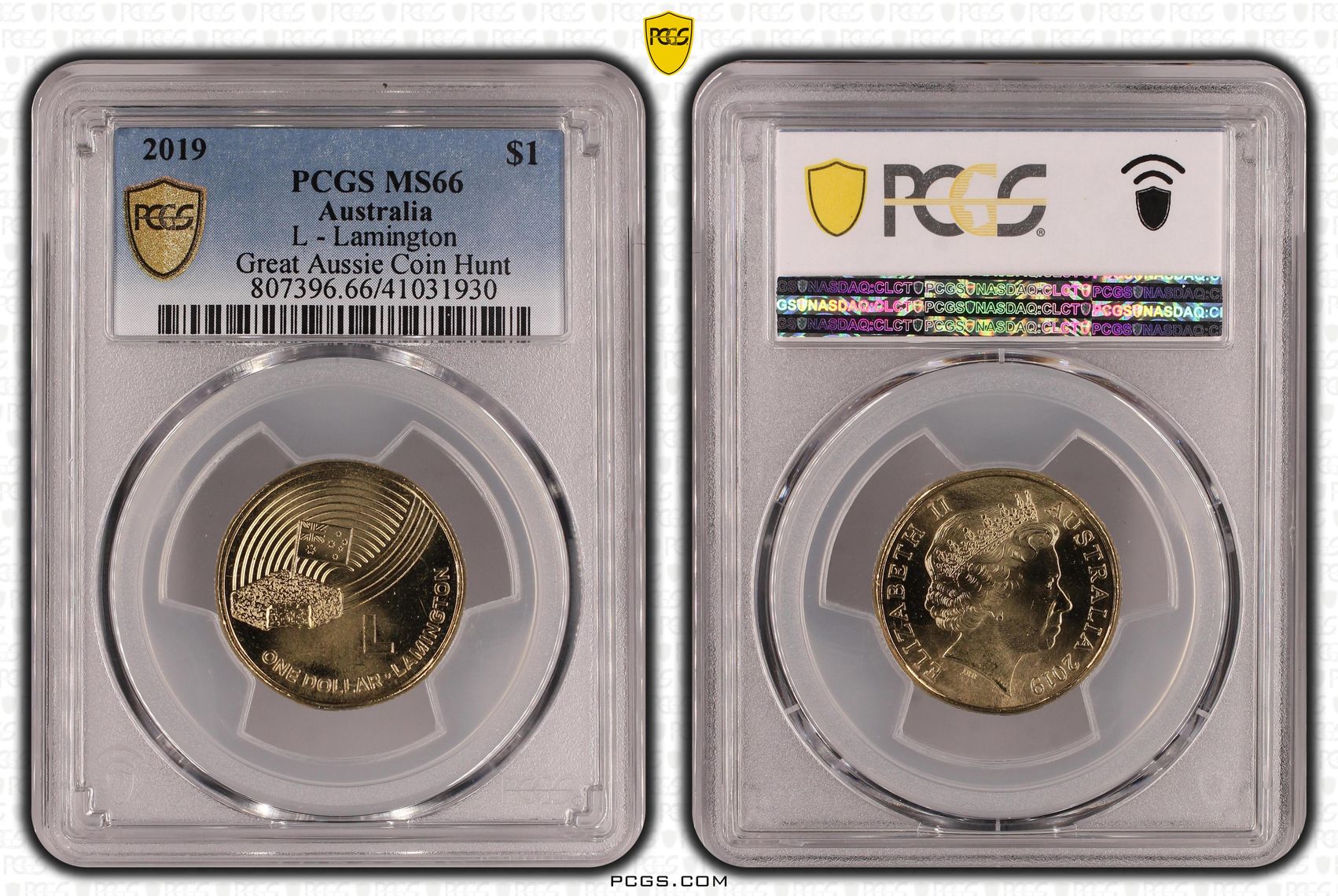 423 · 2019 Australia One Dollar, $1 L - Lamington Great Aussie Coin Hunt PCGS - MS66 -930