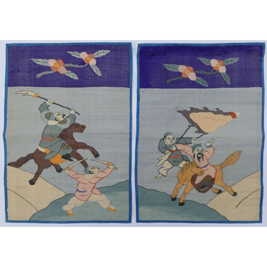 Pair Chinese Kesi Silk Warrior Small Panels