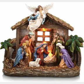VALERY MADELYN CHRISTMAS NATIVITY FIGURINES WITH LED LIGHTS, LARGE HOLY FAMILY NATIVITY SCENES RESIN MANGER FOR XMAS INDOOR HOME T