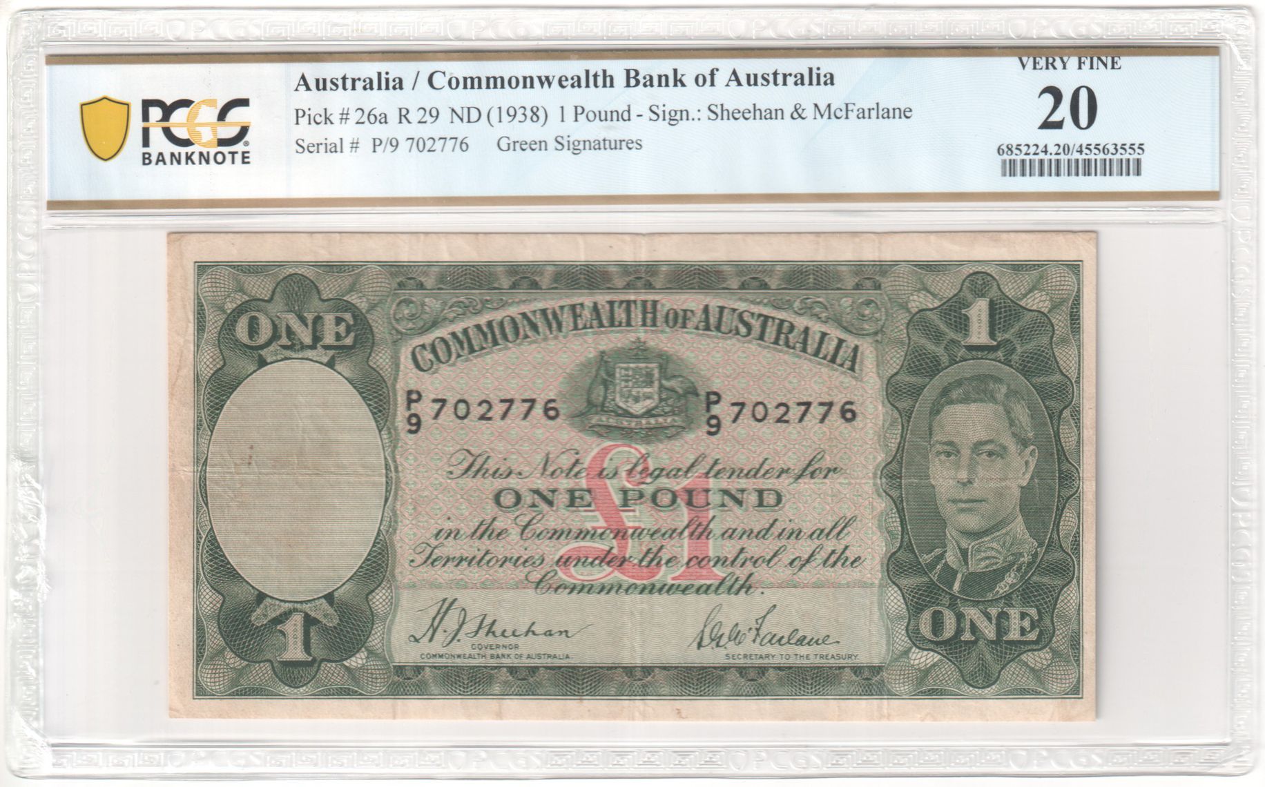 Green Signatures, One Pound, 1938, PCGS Very Fine 20