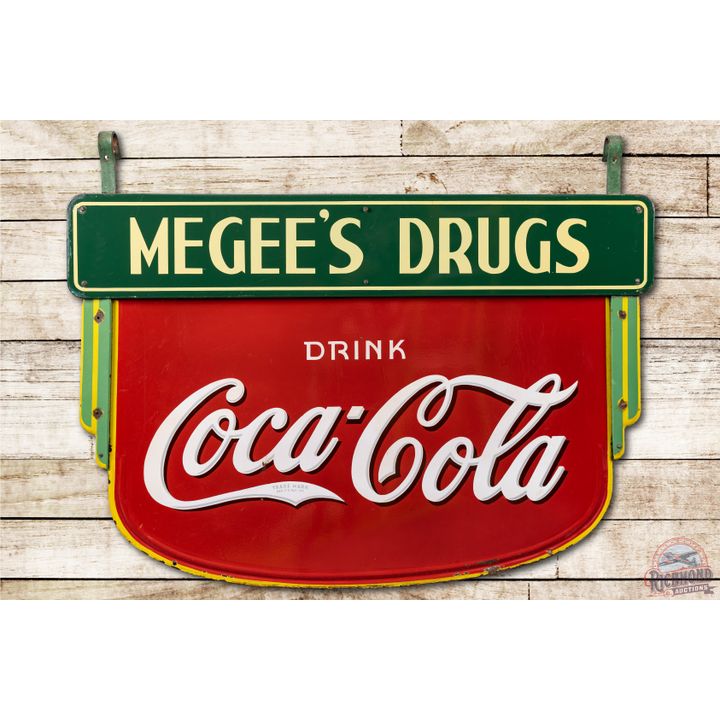 5' Drink Coca-Cola & Attached "Megee's Drugs" Porcelain Signs TAC 8.5