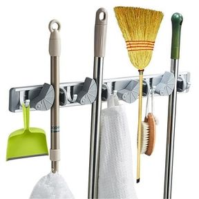 Maisonware Wall mounted Broom and Accessories Organiser Silver | INCOMPLETE / 1 BROOM HOLDER AND 3 HOOKS