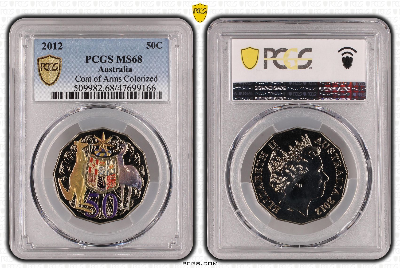 181 · Elizabeth II, Coat of Arms Colourised, Fifty Cent, 2012, PCGS MS68