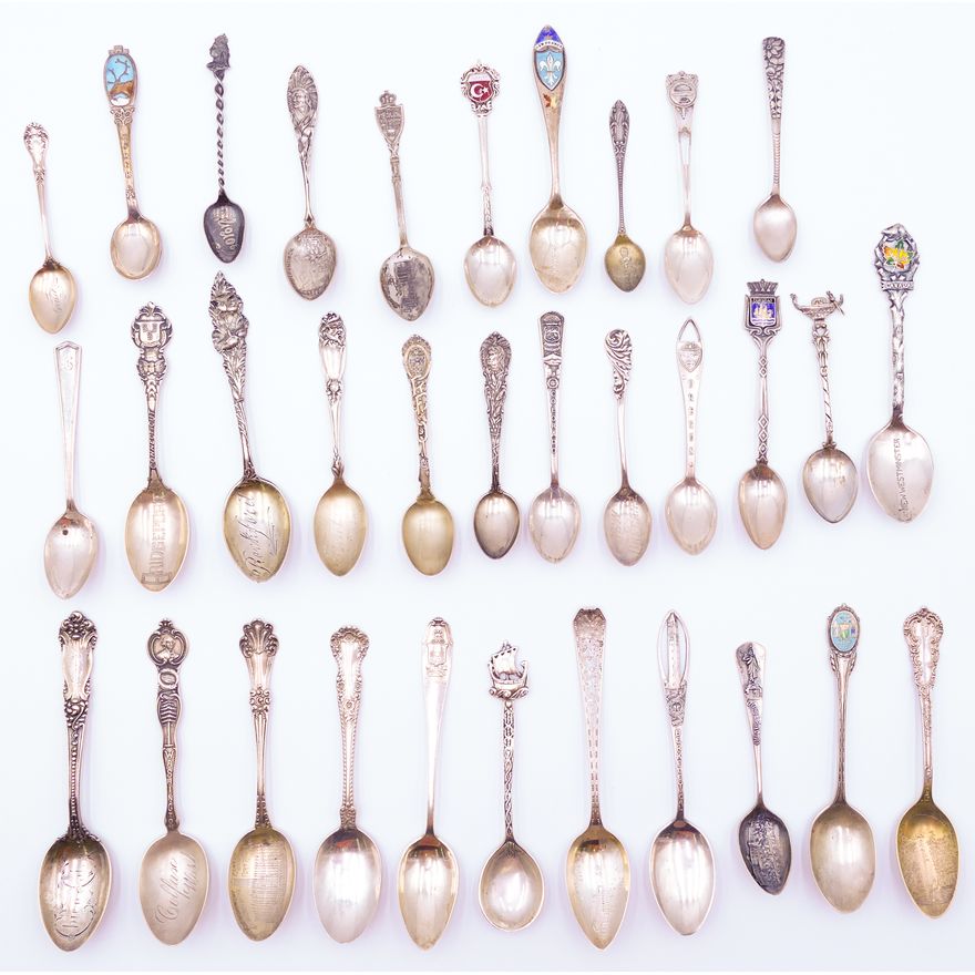 Box Misc. Antique Sterling Souvenir Spoons - 442 Grams TW