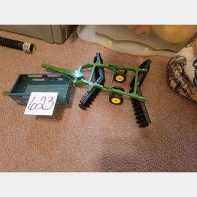 John Deere disc and vintage metal stock trailer
