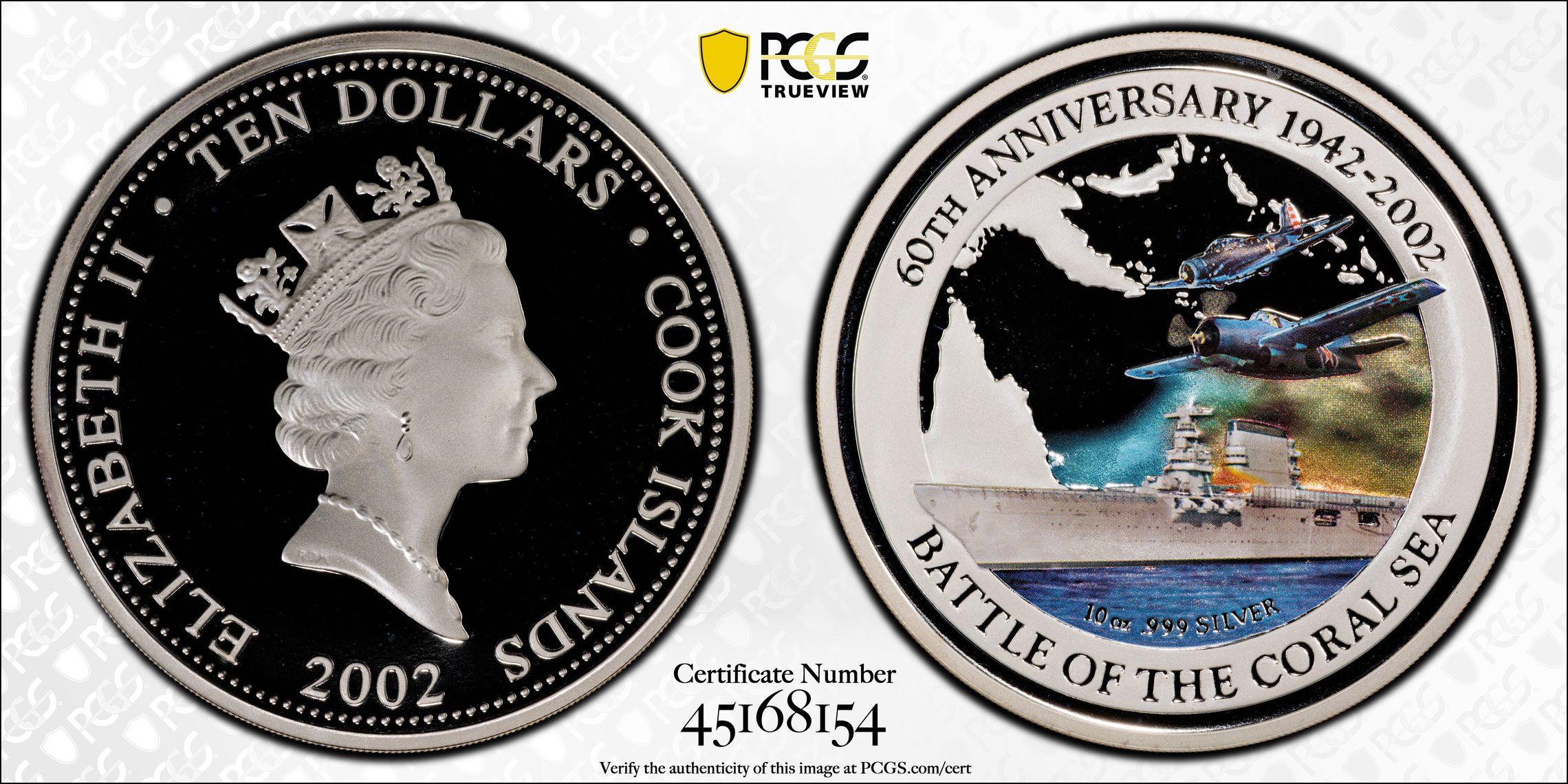 Cook Islands, Battle of the Coral Sea - 10oz Ag Colorized, One Dollar, 2002, PCGS PR68DCAM
