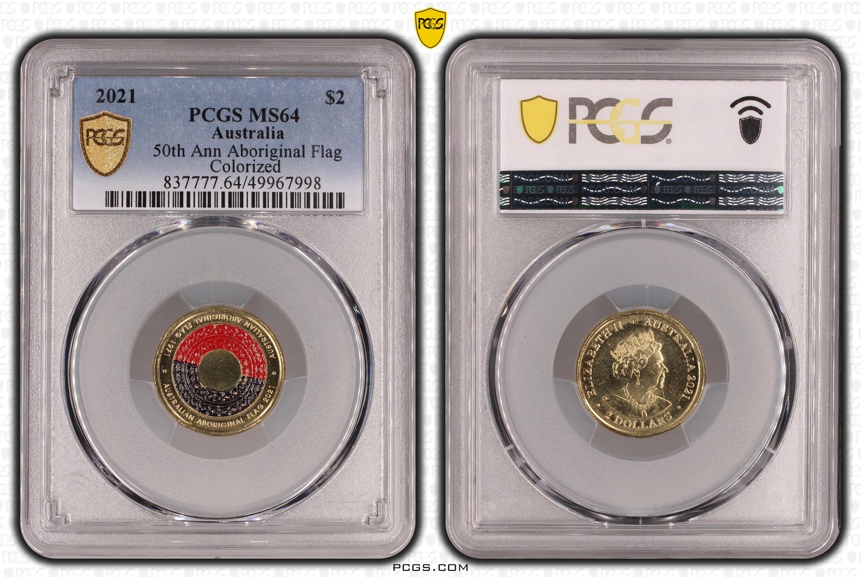 50th Ann Aboriginal Flag Colorized, Two Dollar, 2021, PCGS MS64