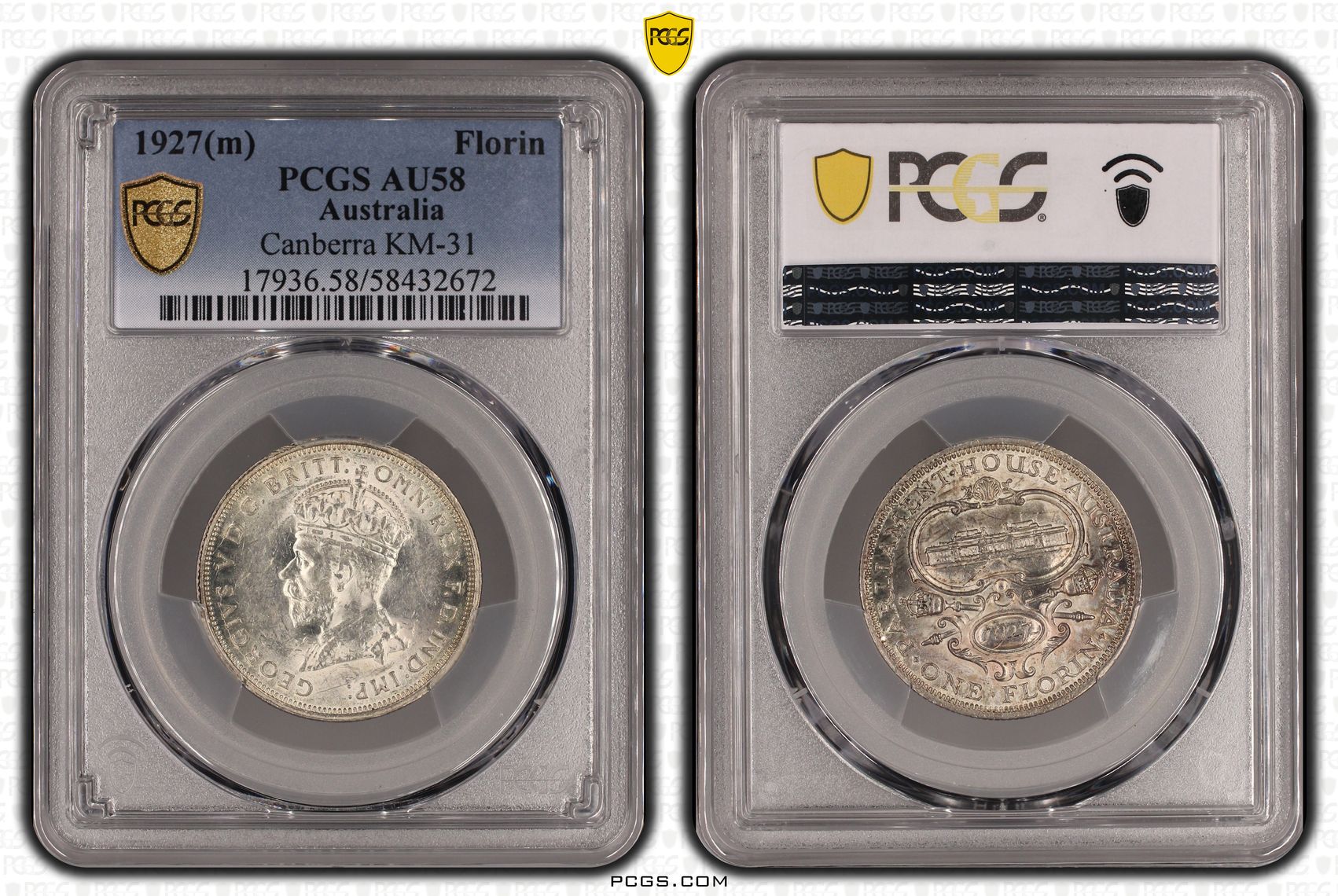 George V, Canberra, Florin, 1927, PCGS AU58