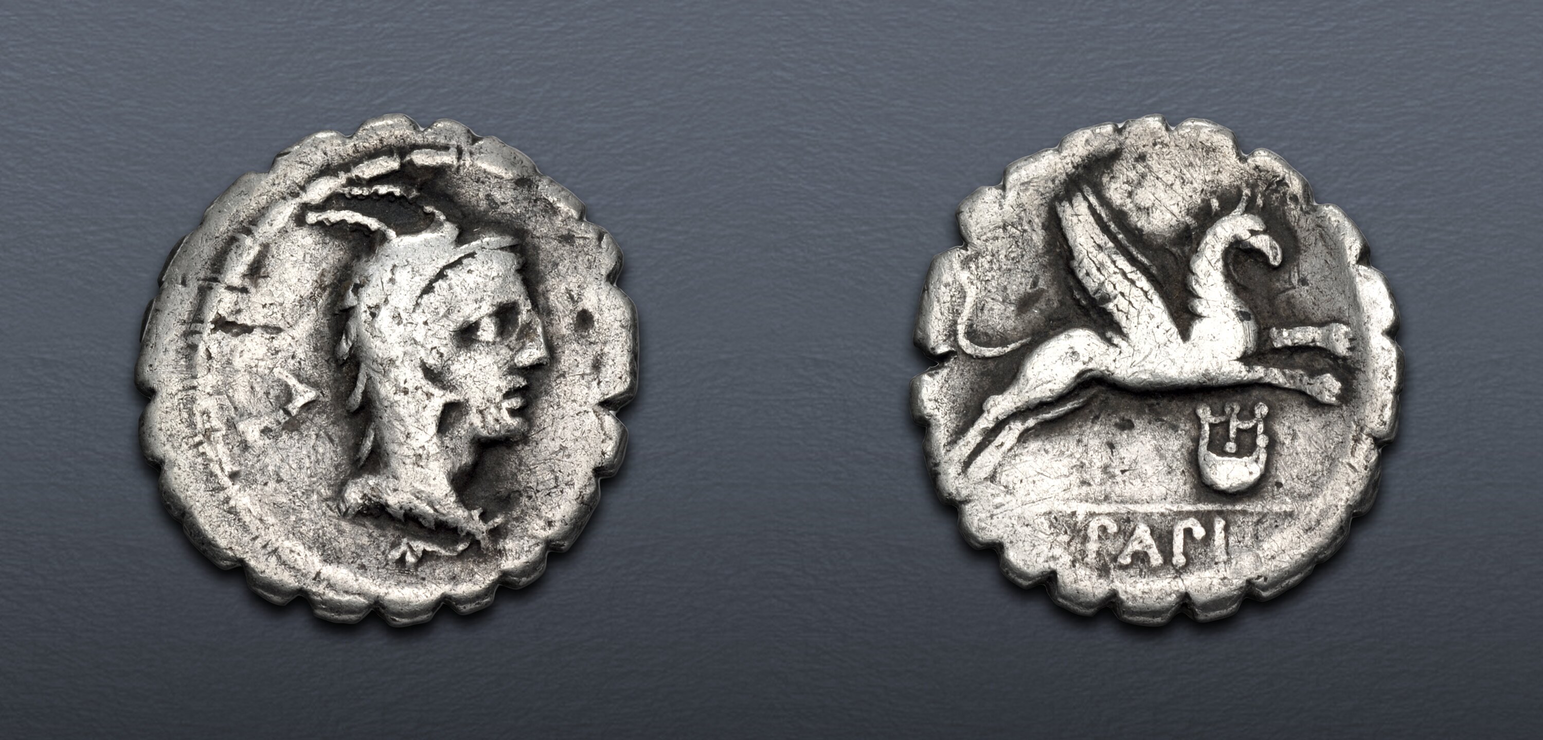 L. Papius. 79 BC. AR Serrate Denarius (18mm, 3.84 g, 12h). Rome mint ...