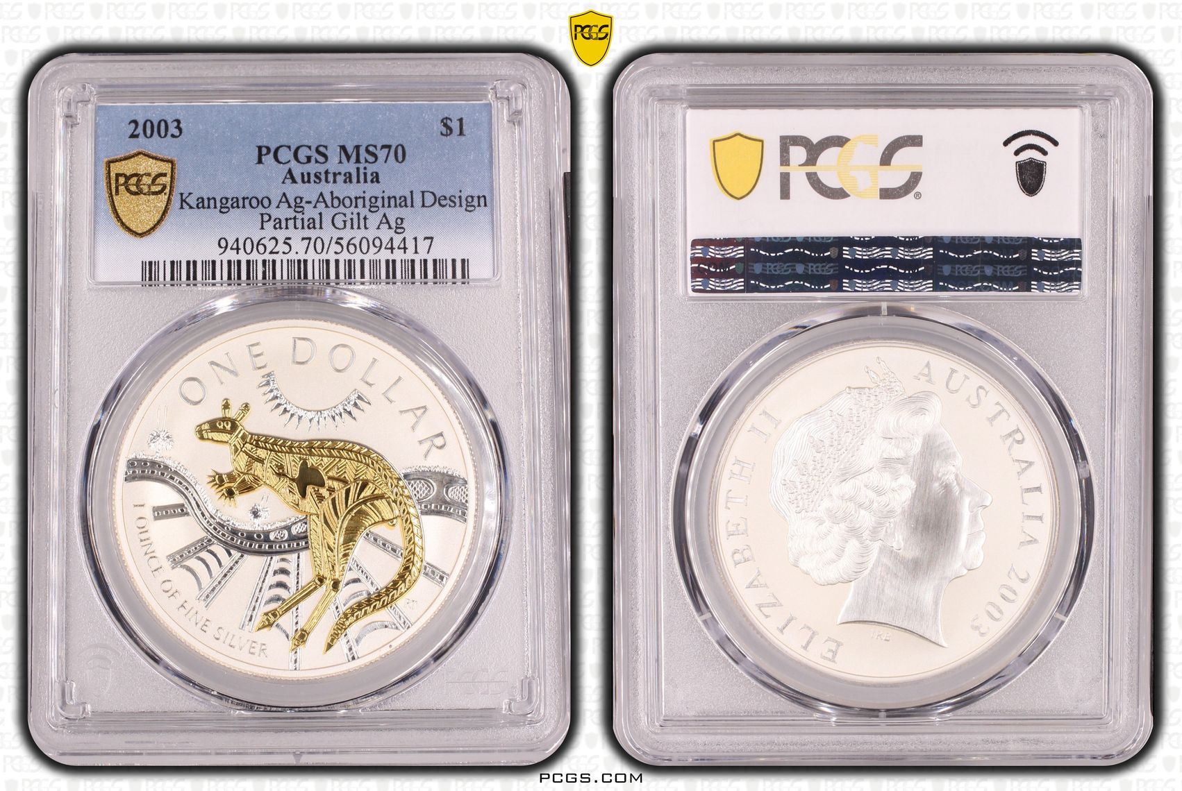 Kangaroo Aboriginal Design Partial Gilt Silver, POP 4/0, One Dollar, 2003, PCGS MS70