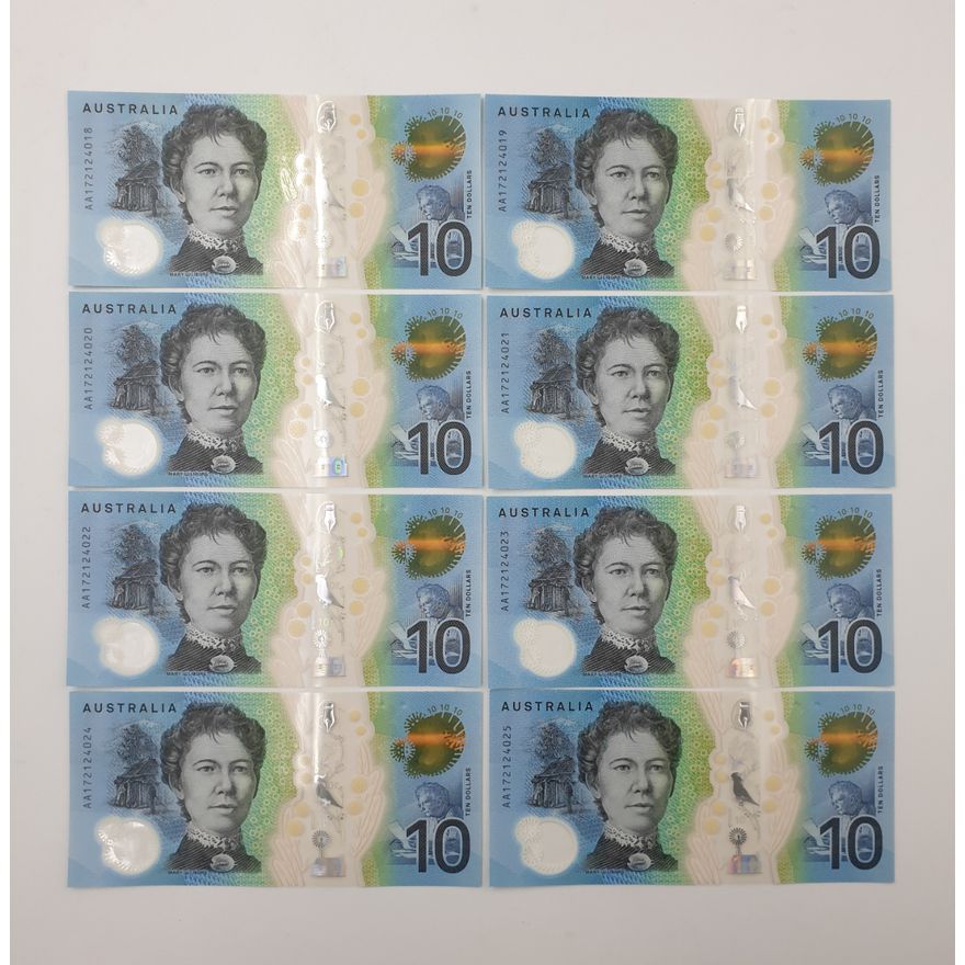 FIRST PREFIX - Consec. Wattle Series L/F $10 Notes (x8)