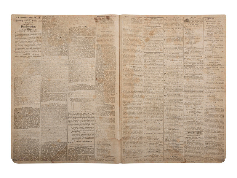 [WAR OF 1812]. Boston Patriot. No. 48, Vol. XIL. Boston, MA: Davis C. Ballard, 22 February 1815. Containing complete printing of the Treaty of Ghent.