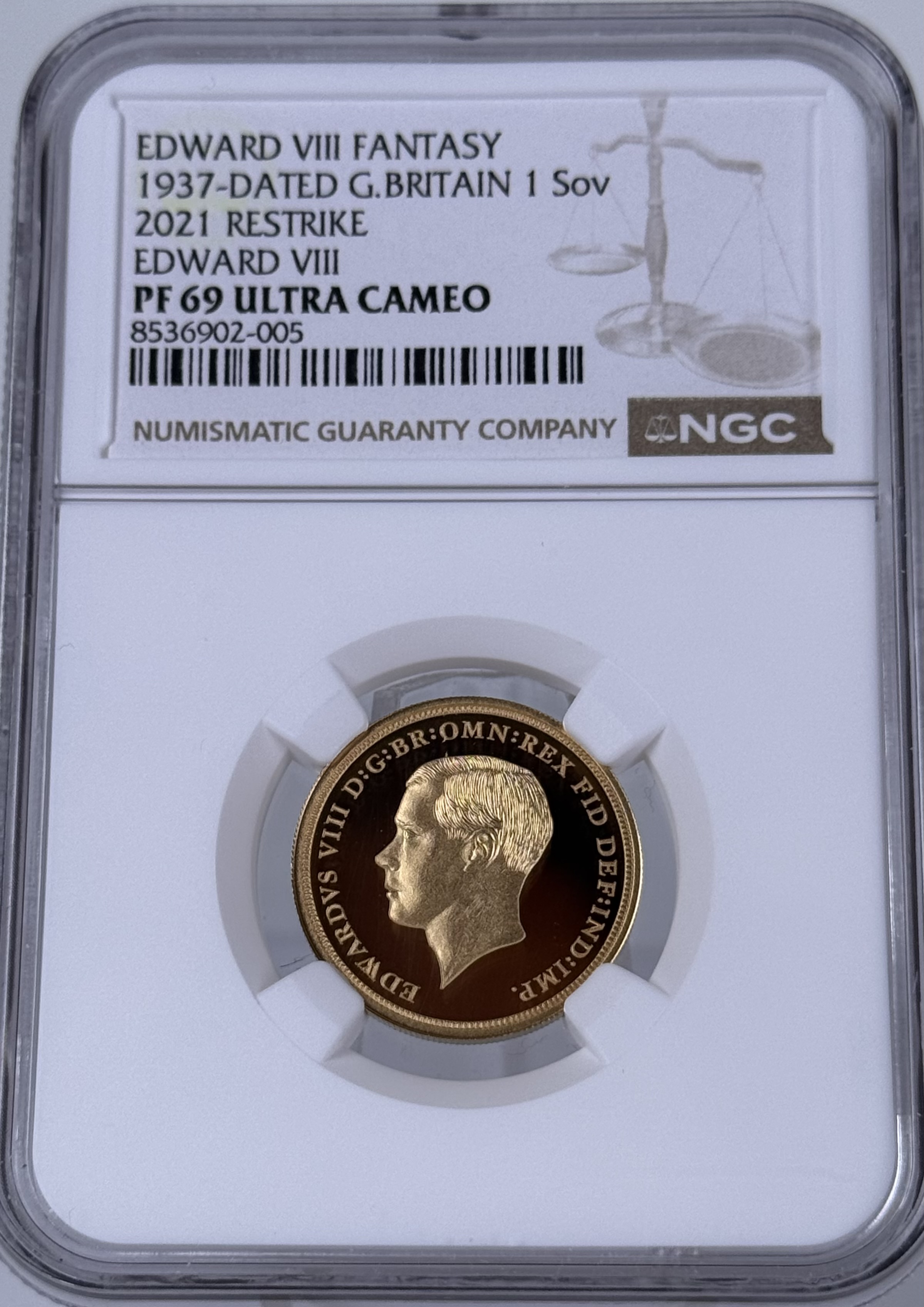 1937 FANTASY EDWARD VIII RESTRIKE GOLD SOVEREIGN (2021) PF69 UCAM