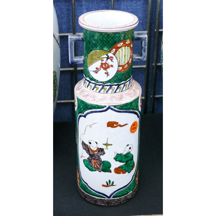 Japanese Kutani Handled Porcelain Cylinder Vase 12''