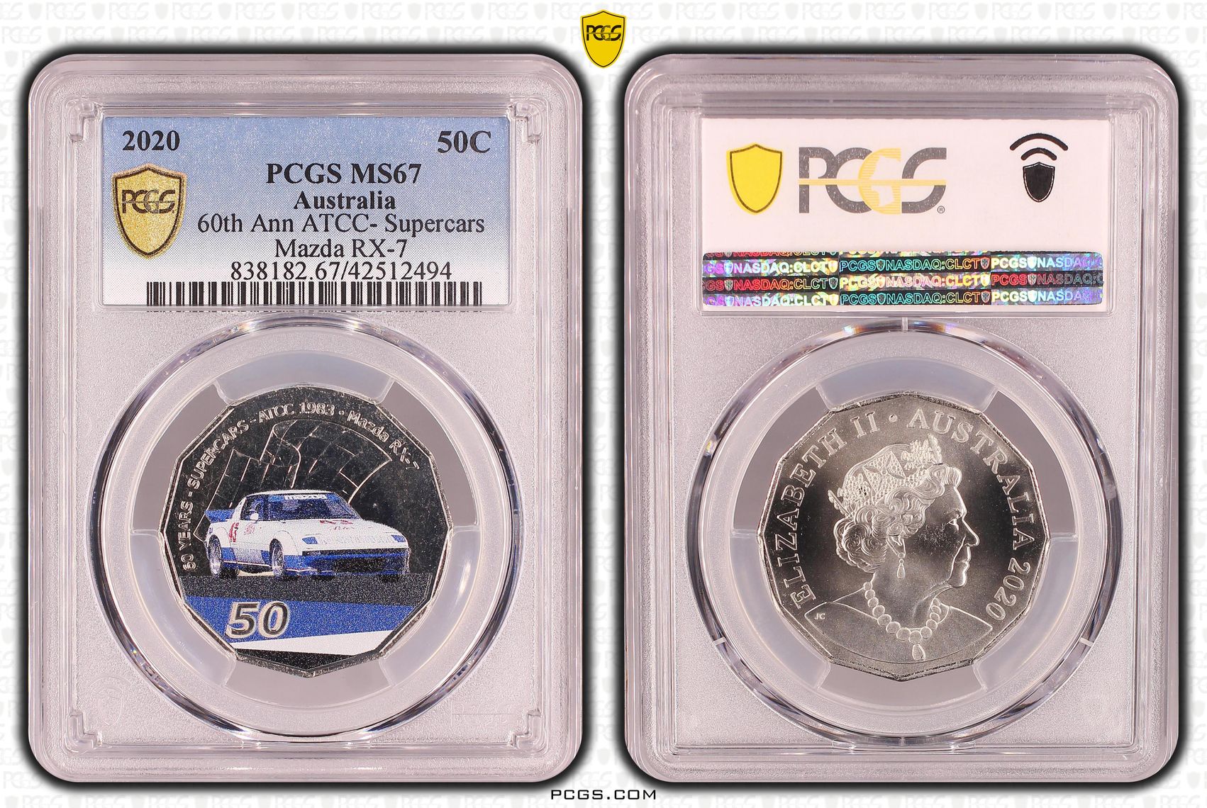 383 · 60th Ann ATCC- Supercars Mazda RX-7 Colorized, Fifty Cent, 2020, PCGS MS67