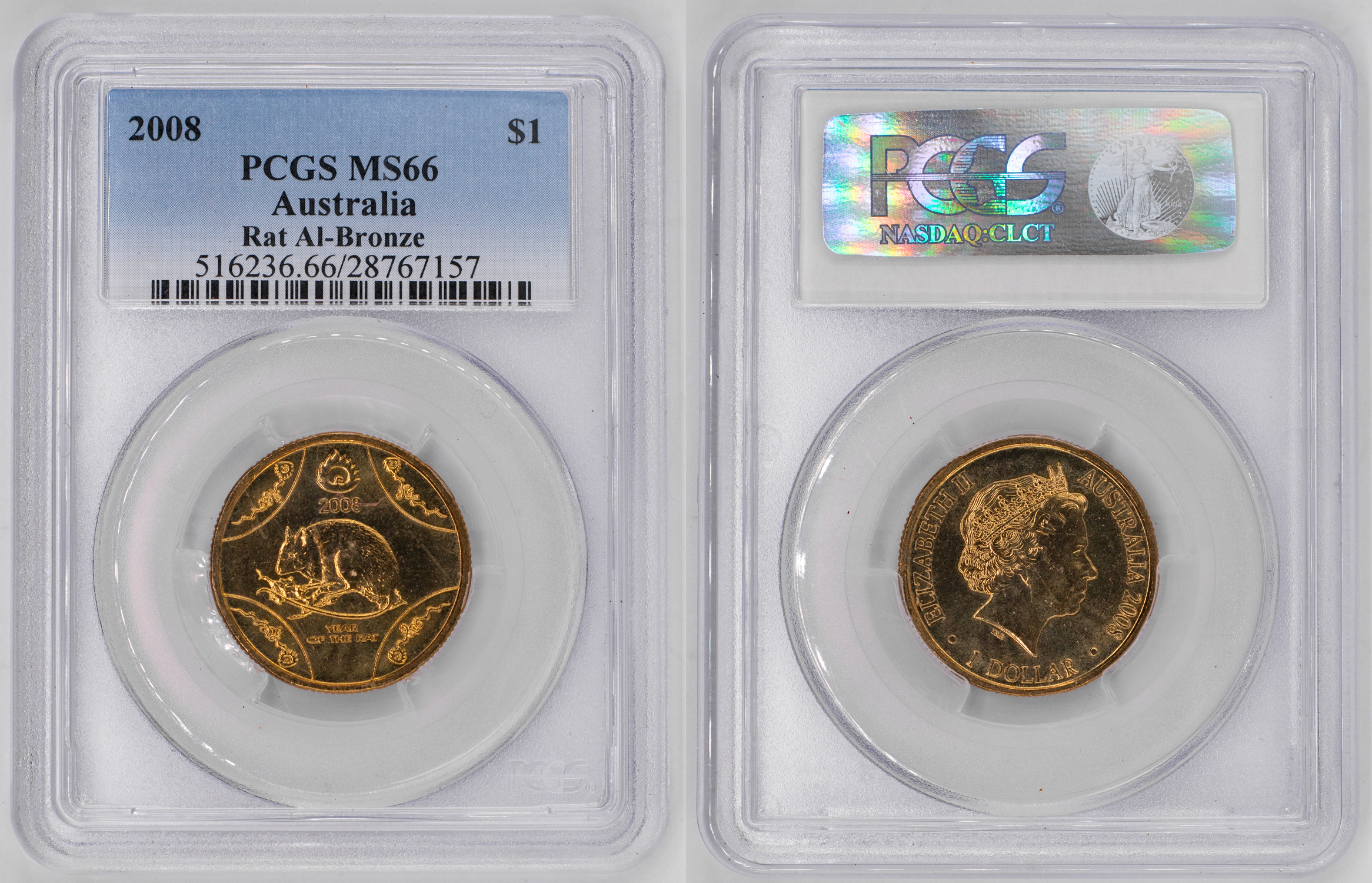 Elizabeth II, Rat Al-Bronze, One Dollar, 2008, PCGS MS66