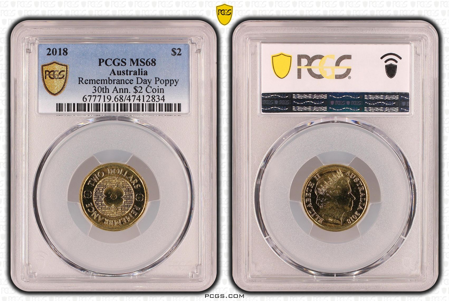 474 · Elizabeth II, Remembrance Day Poppy 30th Ann. $2 Coin, Two Dollar, 2018, PCGS MS68