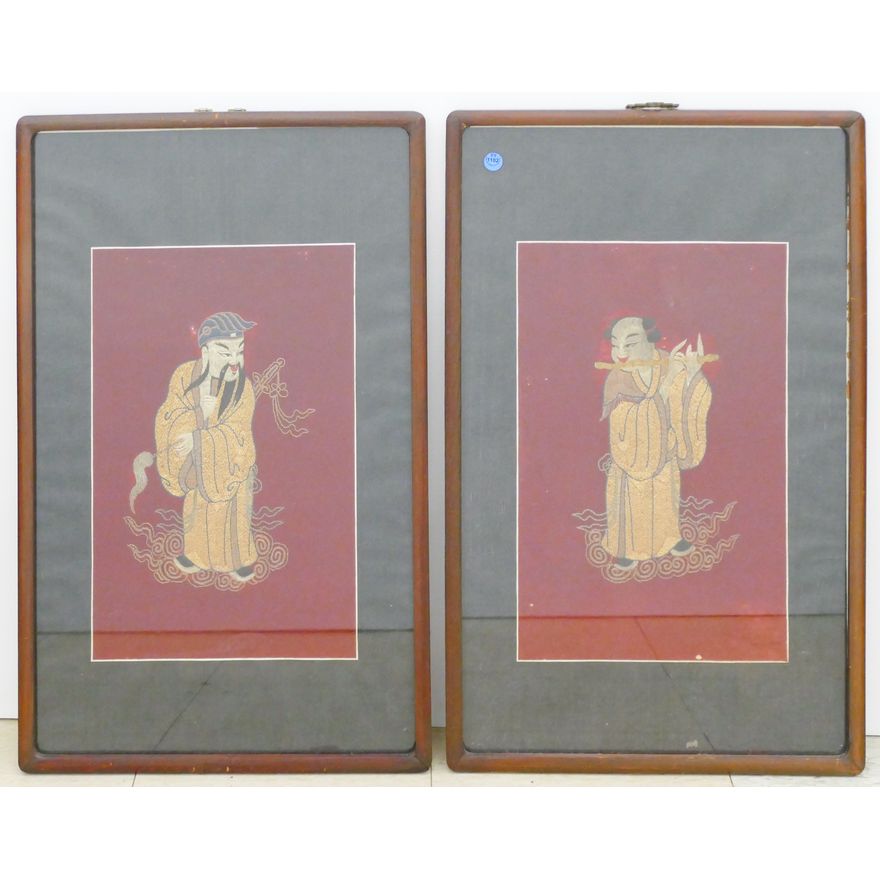 Pair Chinese Gold Thread Silk Embroidered Panels Framed