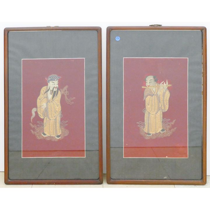 Pair Chinese Gold Thread Silk Embroidered Panels Framed