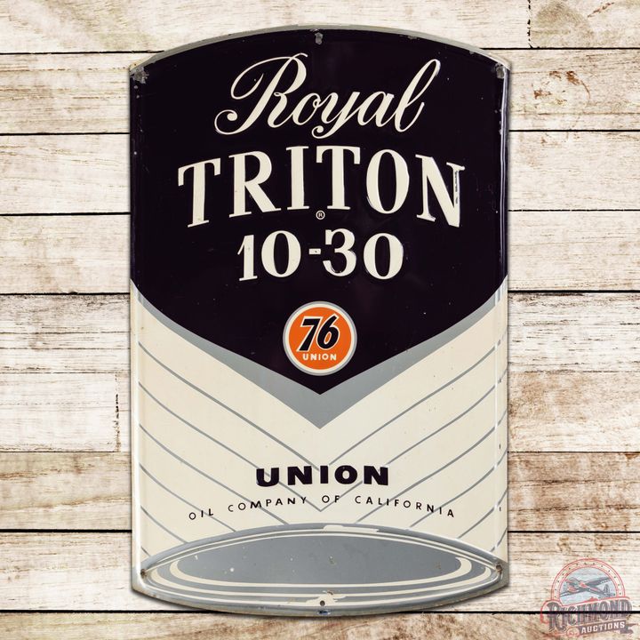 Union 76 Royal Triton 10-30 Motor Oil Quart Can Shaped Emb. Single Sided Tin Sign