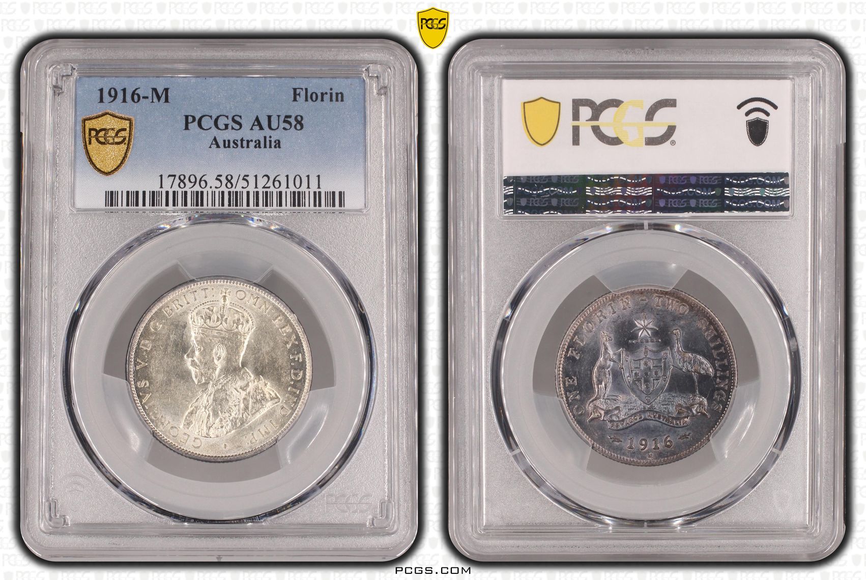 George V, Florin, 1916-M, PCGS AU58