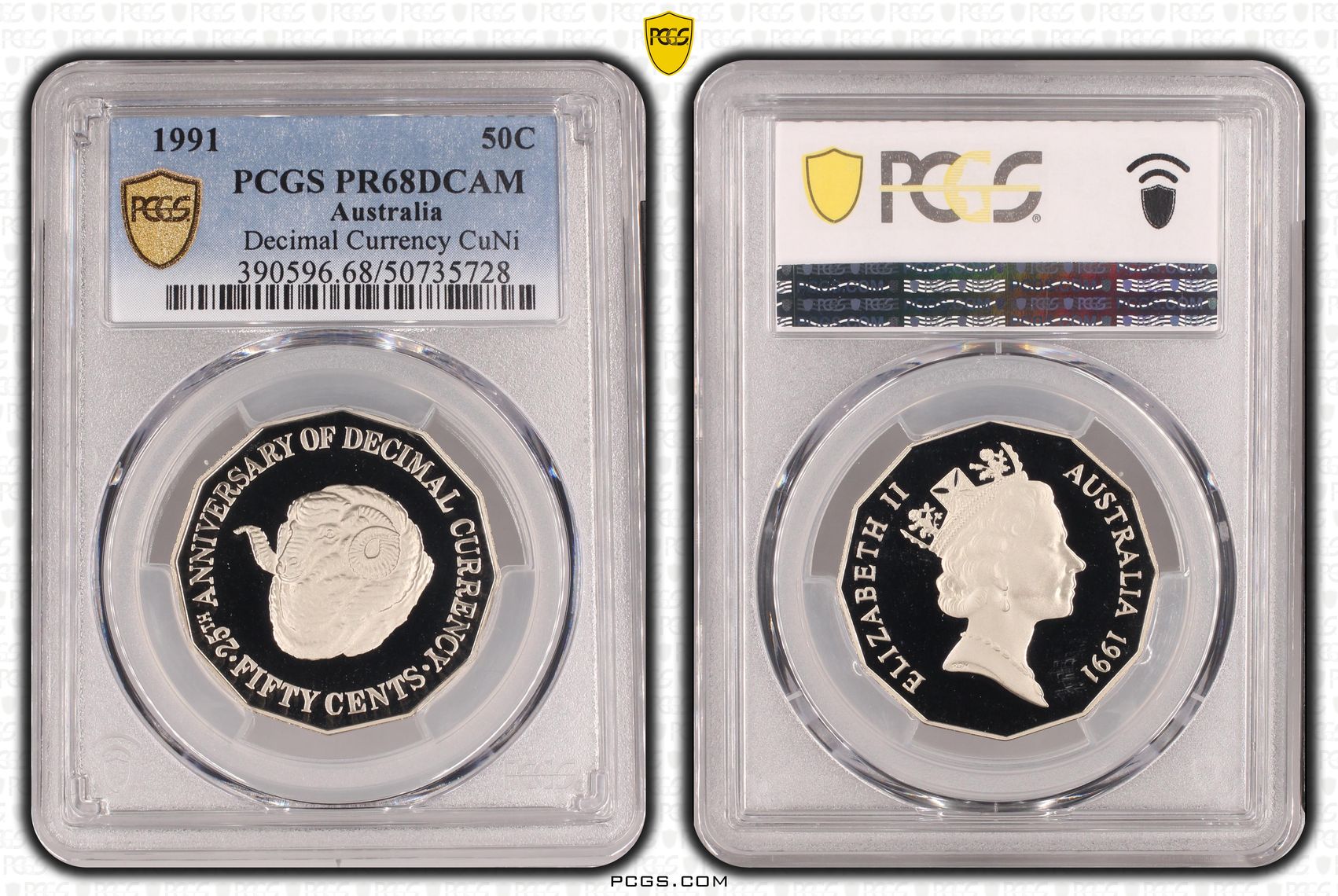 25th Ann. Decimal Currency , Fifty Cent, 1991, PCGS PR68DCAM