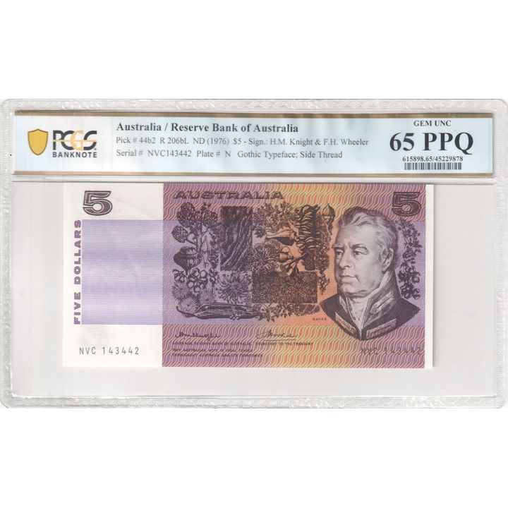 1976 Australia $5 Banknote Knight/Wheeler Gem Unc 65 PPQ  - R.206bL