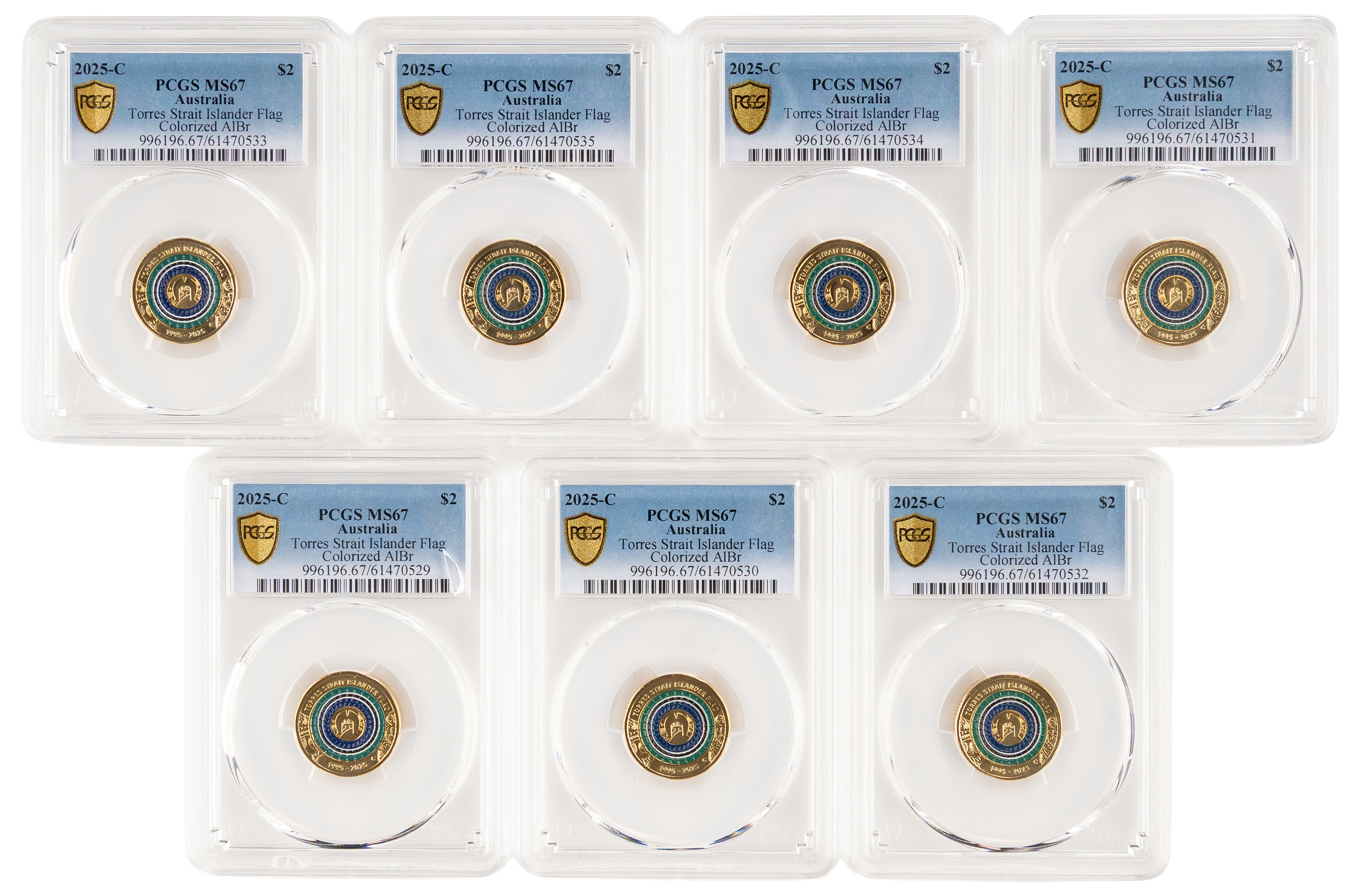 7x Torres Strait Islander Flag Colourised AlBr, Two Dollar, 2025-C, PCGS MS67