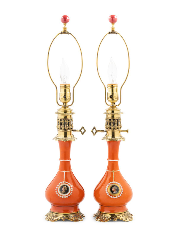 A Continental Painted Porcelain Fluid Lamp