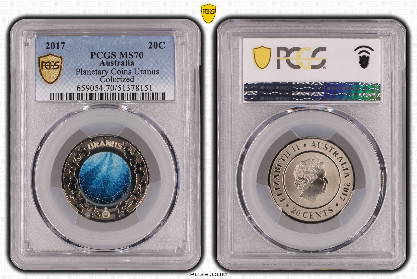 Planetary Coins Uranus Colorized, Twenty Cent, 2017, PCGS MS70