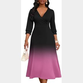MARRYUP WOMENS CASUAL DRESS WRAP V-NECK ELEGANT WEDDING GUEST MIDI DRESS 3/4 SLEEVE HIGH WAIST