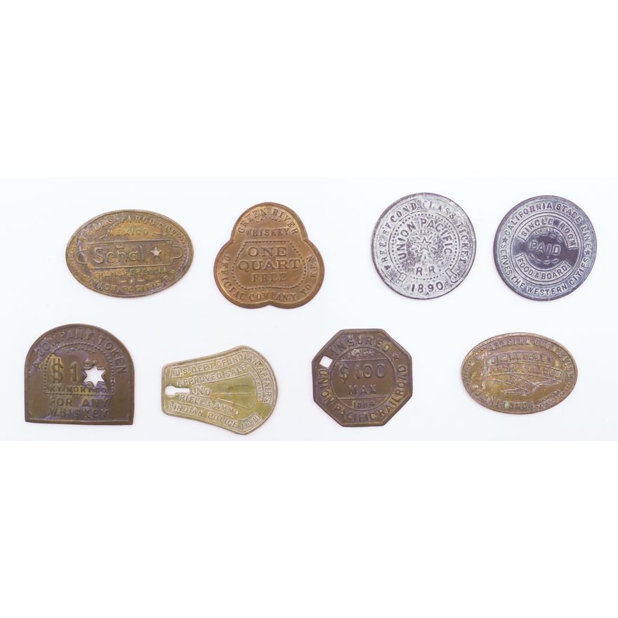 Box 8pc Rare Trade and Railroad Tokens